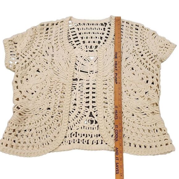 Crochet Knit Heavy Short Sleeve Cardigan Women's One Size Cream Art To Wear 100% - Picture 8 of 10